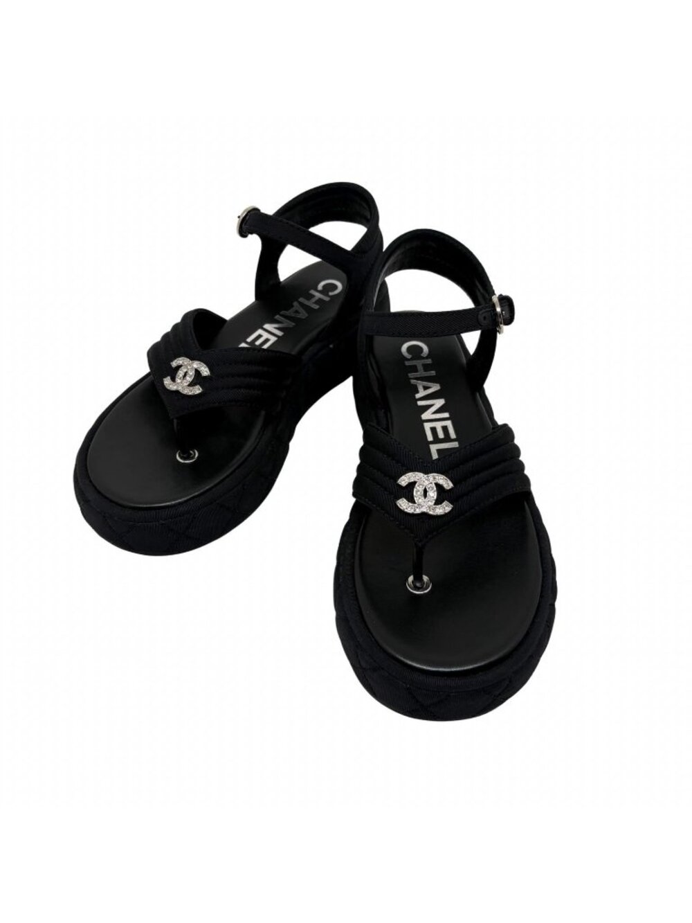 Chanel CC Logo Rhinestone Thong Sandals Black Grosgrain